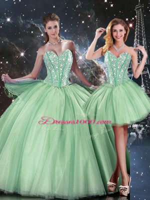 Romantic Floor Length Lace Up Vestidos de Quinceanera Apple Green for Military Ball and Sweet 16 and Quinceanera with Beading