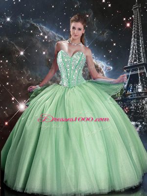 Romantic Floor Length Lace Up Vestidos de Quinceanera Apple Green for Military Ball and Sweet 16 and Quinceanera with Beading