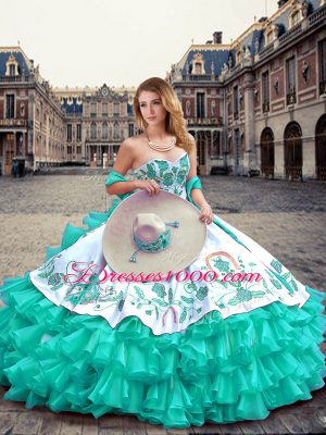 Best Sweetheart Sleeveless Organza and Taffeta 15 Quinceanera Dress Embroidery and Ruffled Layers Lace Up