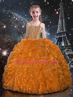 Straps Sleeveless Lace Up Child Pageant Dress Orange Red Organza
