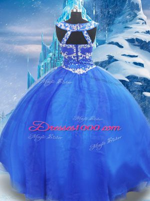 Blue Zipper V-neck Beading 15th Birthday Dress Organza Sleeveless