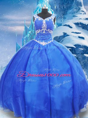 Blue Zipper V-neck Beading 15th Birthday Dress Organza Sleeveless