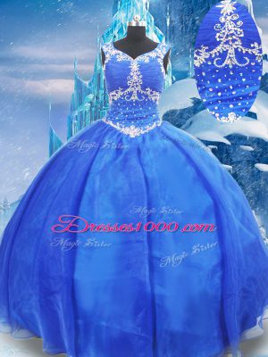 Blue Zipper V-neck Beading 15th Birthday Dress Organza Sleeveless
