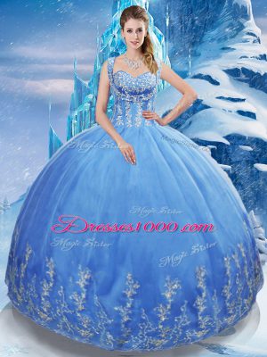 Inexpensive Floor Length Baby Blue Sweet 16 Dresses Tulle Sleeveless Beading and Appliques