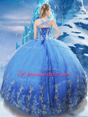 Inexpensive Floor Length Baby Blue Sweet 16 Dresses Tulle Sleeveless Beading and Appliques