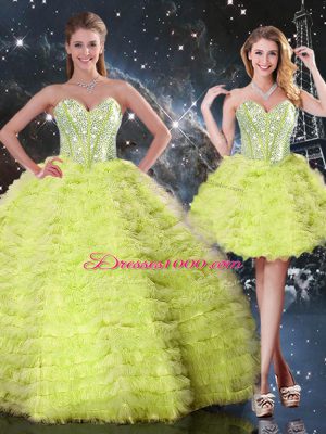 Sweetheart Sleeveless 15 Quinceanera Dress Floor Length Beading and Ruffles Yellow Green Tulle