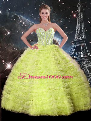 Sweetheart Sleeveless 15 Quinceanera Dress Floor Length Beading and Ruffles Yellow Green Tulle