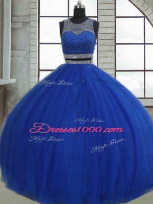 Sleeveless Floor Length Beading and Sequins Clasp Handle Quinceanera Gown with Royal Blue