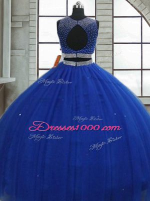 Sleeveless Floor Length Beading and Sequins Clasp Handle Quinceanera Gown with Royal Blue