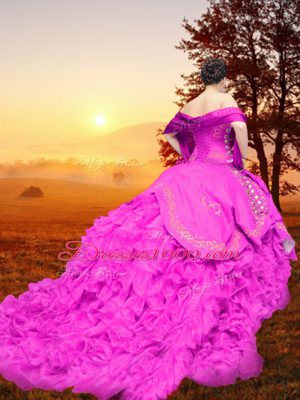 Trendy Sweetheart Sleeveless Brush Train Lace Up Vestidos de Quinceanera Fuchsia Organza