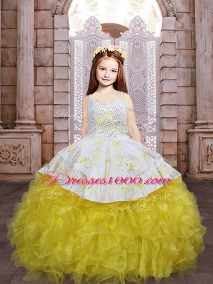 Spaghetti Straps Sleeveless Brush Train Lace Up Kids Pageant Dress Gold Organza