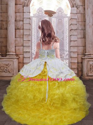 Spaghetti Straps Sleeveless Brush Train Lace Up Kids Pageant Dress Gold Organza