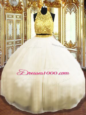 Sleeveless Floor Length Beading Zipper Quinceanera Dresses with Champagne