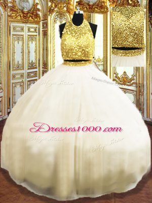 Sleeveless Floor Length Beading Zipper Quinceanera Dresses with Champagne