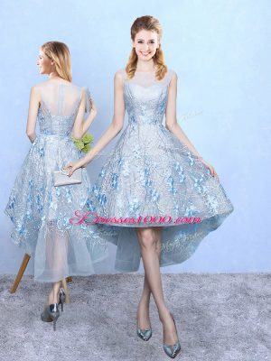 Light Blue Zipper Scoop Appliques Wedding Party Dress Tulle and Printed Sleeveless