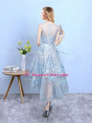 Light Blue Zipper Scoop Appliques Wedding Party Dress Tulle and Printed Sleeveless