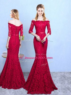 Top Selling Wine Red Half Sleeves Lace Floor Length Dama Dress