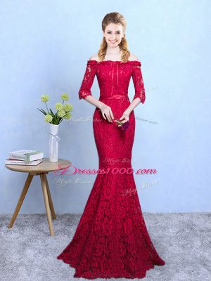 Top Selling Wine Red Half Sleeves Lace Floor Length Dama Dress