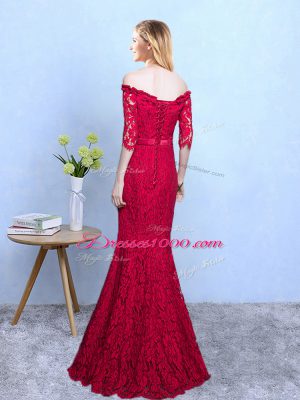 Top Selling Wine Red Half Sleeves Lace Floor Length Dama Dress