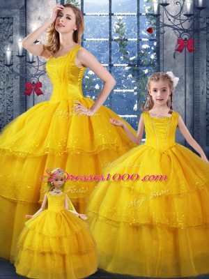 Fantastic Sleeveless Floor Length Ruffled Layers Lace Up Quinceanera Gowns with Gold