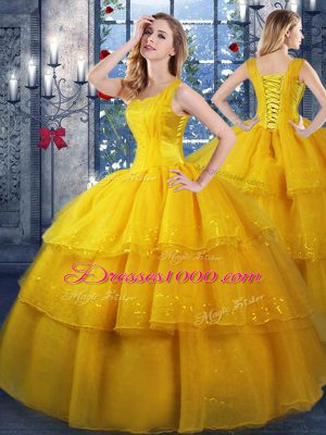 Fantastic Sleeveless Floor Length Ruffled Layers Lace Up Quinceanera Gowns with Gold
