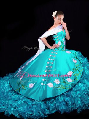Dynamic Embroidery and Ruffles 15 Quinceanera Dress Aqua Blue Lace Up Sleeveless Brush Train