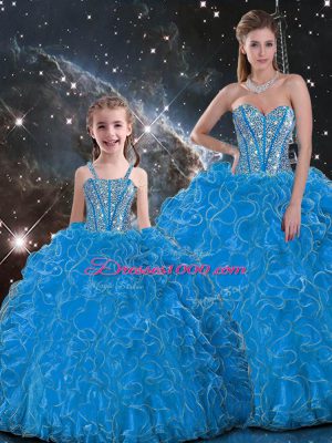 Sumptuous Sleeveless Floor Length Beading and Ruffles Lace Up Sweet 16 Dresses with Baby Blue