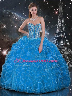 Sumptuous Sleeveless Floor Length Beading and Ruffles Lace Up Sweet 16 Dresses with Baby Blue