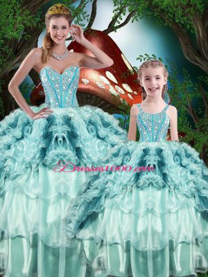 High End Sweetheart Sleeveless 15th Birthday Dress Floor Length Beading and Ruffles Multi-color Organza