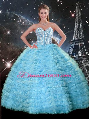Superior Aqua Blue Ball Gowns Sweetheart Sleeveless Tulle Floor Length Lace Up Beading and Ruffled Layers Sweet 16 Dresses