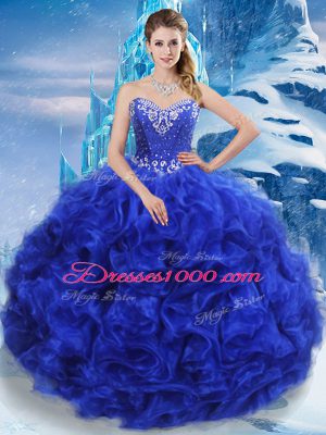 On Sale Floor Length Royal Blue Quinceanera Dresses Organza Sleeveless Beading
