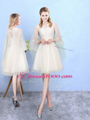 Knee Length Champagne Quinceanera Dama Dress Tulle Half Sleeves Lace