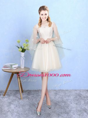 Knee Length Champagne Quinceanera Dama Dress Tulle Half Sleeves Lace