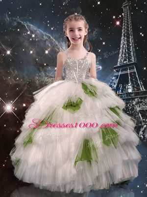 Ball Gowns Little Girls Pageant Dress Wholesale White Straps Tulle Sleeveless Floor Length Lace Up