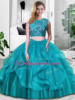 Noble Scoop Sleeveless Tulle Vestidos de Quinceanera Lace and Embroidery and Ruffles Zipper