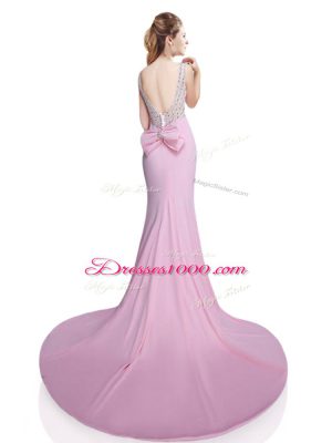 Smart Pink Sleeveless Beading and Bowknot Clasp Handle Prom Evening Gown