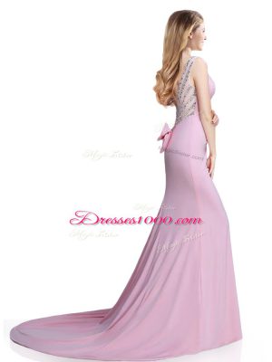 Smart Pink Sleeveless Beading and Bowknot Clasp Handle Prom Evening Gown