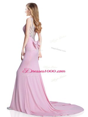 Smart Pink Sleeveless Beading and Bowknot Clasp Handle Prom Evening Gown