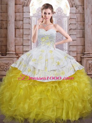 Sleeveless Organza Floor Length Lace Up Sweet 16 Dresses in Yellow And White with Beading and Appliques and Ruffles
