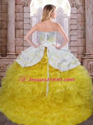 Sleeveless Organza Floor Length Lace Up Sweet 16 Dresses in Yellow And White with Beading and Appliques and Ruffles
