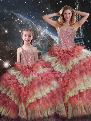 Low Price Beading and Ruffled Layers and Sequins Ball Gown Prom Dress Multi-color Lace Up Sleeveless Floor Length
