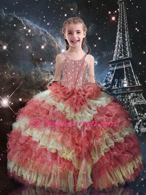 Low Price Beading and Ruffled Layers and Sequins Ball Gown Prom Dress Multi-color Lace Up Sleeveless Floor Length