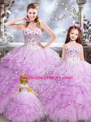 Hot Selling Lilac Ball Gowns Organza Sweetheart Sleeveless Beading and Ruffles Floor Length Lace Up Sweet 16 Dresses