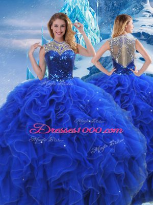 Exquisite Royal Blue Zipper Sweet 16 Dresses Ruffles and Sequins Sleeveless Floor Length