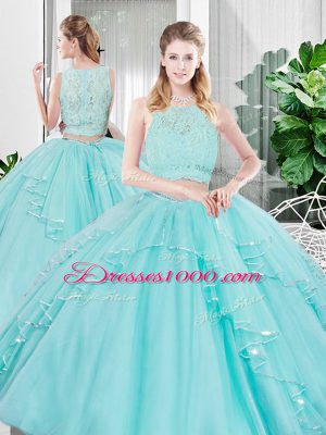 Aqua Blue Two Pieces Scoop Sleeveless Tulle Floor Length Zipper Lace and Ruffled Layers Ball Gown Prom Dress