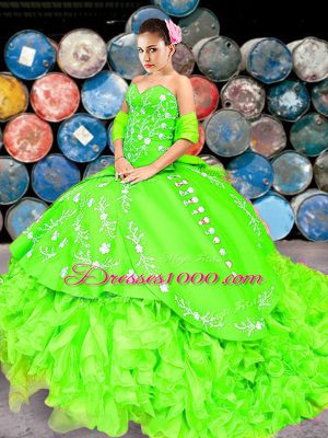 Dazzling Ball Gowns Sweetheart Sleeveless Organza With Brush Train Lace Up Embroidery and Ruffles 15 Quinceanera Dress