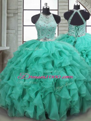 Turquoise Sleeveless Beading and Ruffles Lace Up Quinceanera Gown