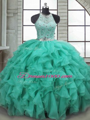 Turquoise Sleeveless Beading and Ruffles Lace Up Quinceanera Gown