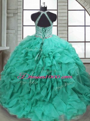 Turquoise Sleeveless Beading and Ruffles Lace Up Quinceanera Gown