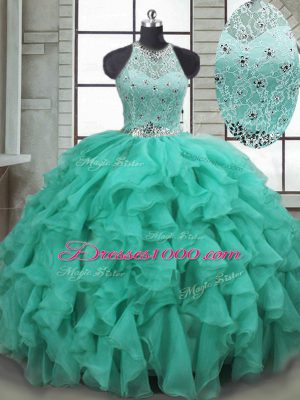 Turquoise Sleeveless Beading and Ruffles Lace Up Quinceanera Gown